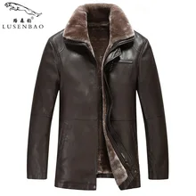 Зимняя качественная кожаная куртка для мужчин, пальто из овечьей кожи, мотоциклетные куртки с хлопковой подкладкой, флисовый меховой воротник, плюс плотное бархатное пальто