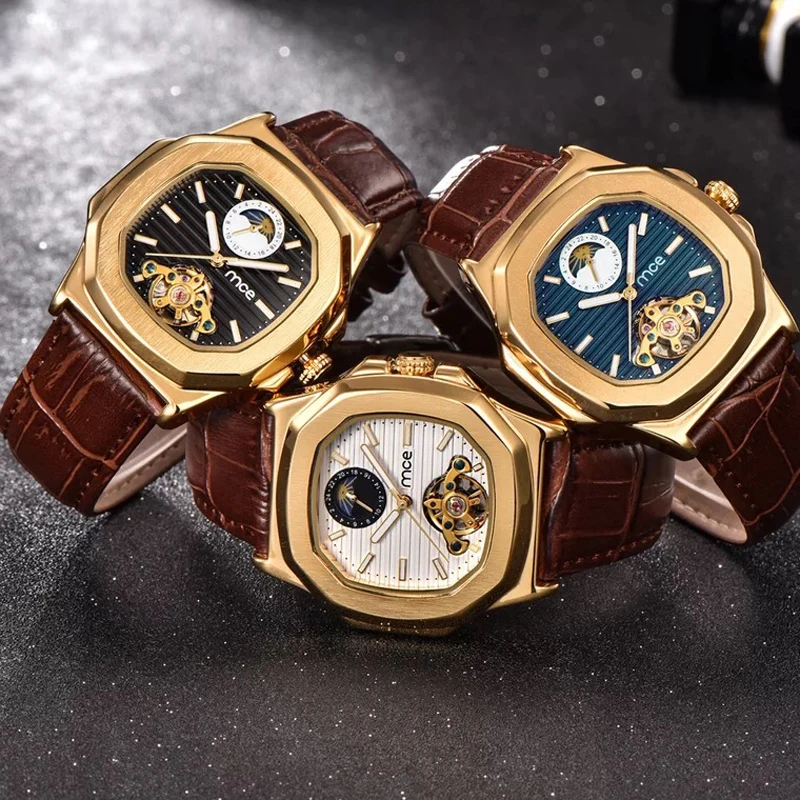 

mce Brand Men Watches Automatic Mechanical Watch Tourbillon Sport Clock Leather Casual Business Retro Wristwatch Relojes Hombre