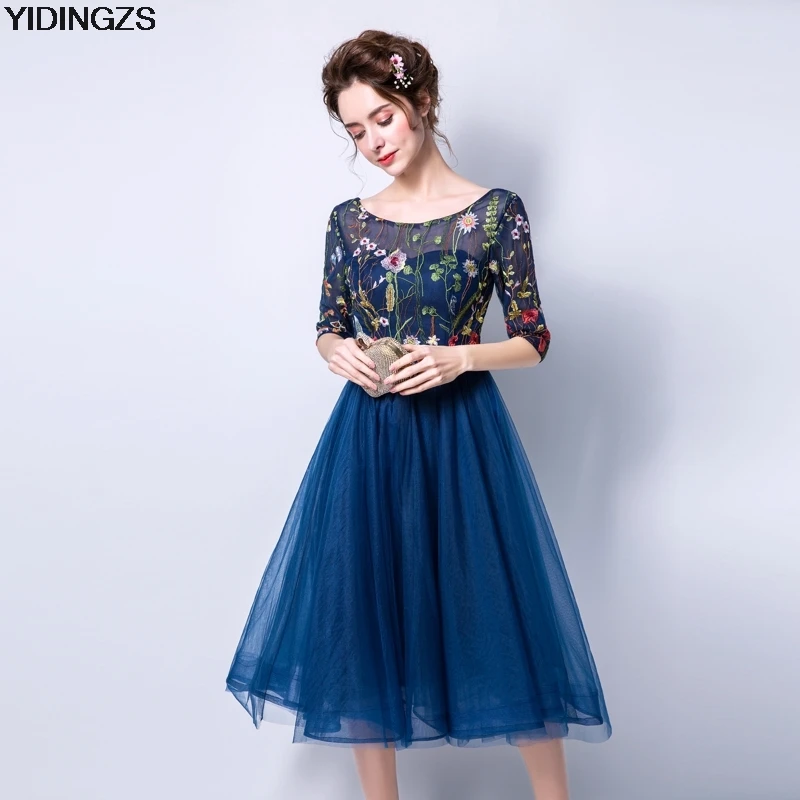 

YIDINGZS Embroidery Tulle Short Prom Dresses Knee Length Party Evening Dress
