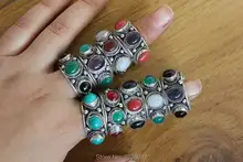 Anillo ajustable de plata tibetana RG330 para mujer, 3 cuentas de colores, hecho a mano, joyería de nepalí e India, anillo de mujer de 12mm de ancho