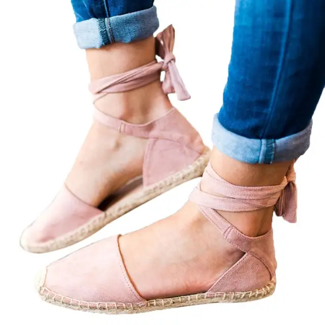 Female Womens Sandals Flat Lace-Up Espadrilles Summer Chunky Holiday Sandals Shoes Strap Shoes Girls Lace-up zapatos mujer A6