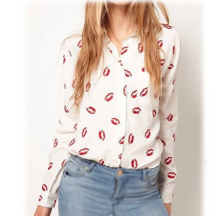 Женская шифоновая блузка с длинным рукавом и принтом губ | одежда