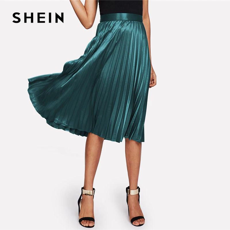 Goede SHEIN Ritssluiting Geplooide Satijnen Rok Green Mid Taille Vrouwen Kleding Vlakte Party Rok 2018 Lente Casual Volledige Lengte Rok