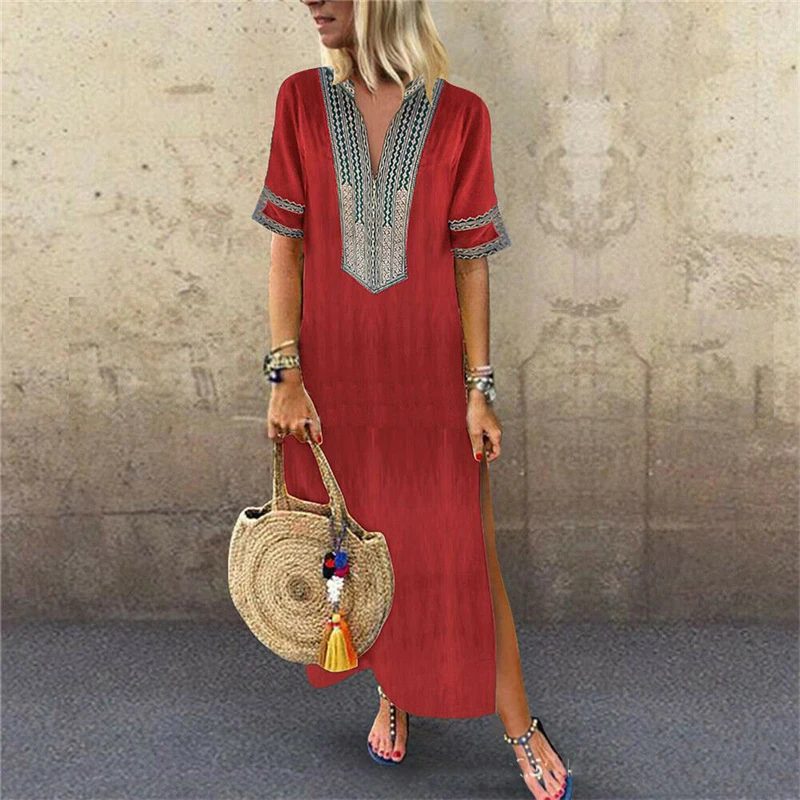 

2019 New Fashion Women Short Sleeve Boho Long Maxi Dress Summer Casual Loose Beach V-Neck Sundress