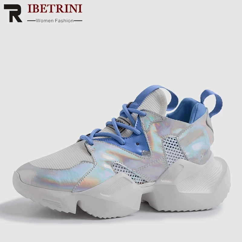 

RIBETRINI 2019 New INS Hot Summer Mesh Sneakers Women Genuine Leather Large Size 35-42 mixed-color Platform Dad Shoes Woman