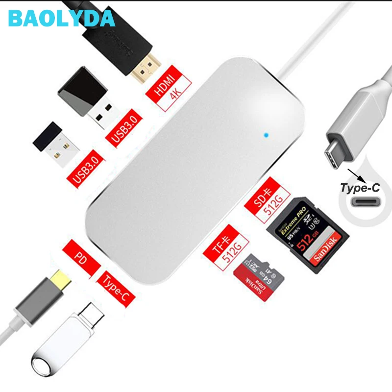 

Baolyda USB 3.1 Type-C Hub To HDMI RJ45 Ethernet Adapter 4K Thunderbolt 3 USB C Hub with TF SD Reader Slot PD for MacBookPro/Air