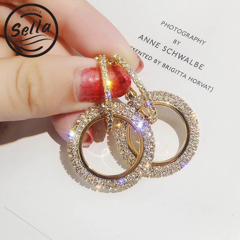 

Sella Korean Style New Fashion Earrings Female Crystal Circle Earrings Shinning Ladies Simple S925 Silver Needle Earrings