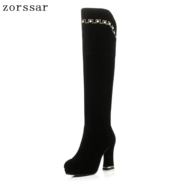 {Zorssar} Fashion Thigh High Boots Women Flock Leather Thick High heels Over The Knee Boots Autumn Winter Fur Women Boots Shoes цена {Zorssar} Fashion Thigh High Boots Women Flock Leather Thick High heels Over The Knee Boots Autumn Winter Fur Women Boots Shoes цены онлайн