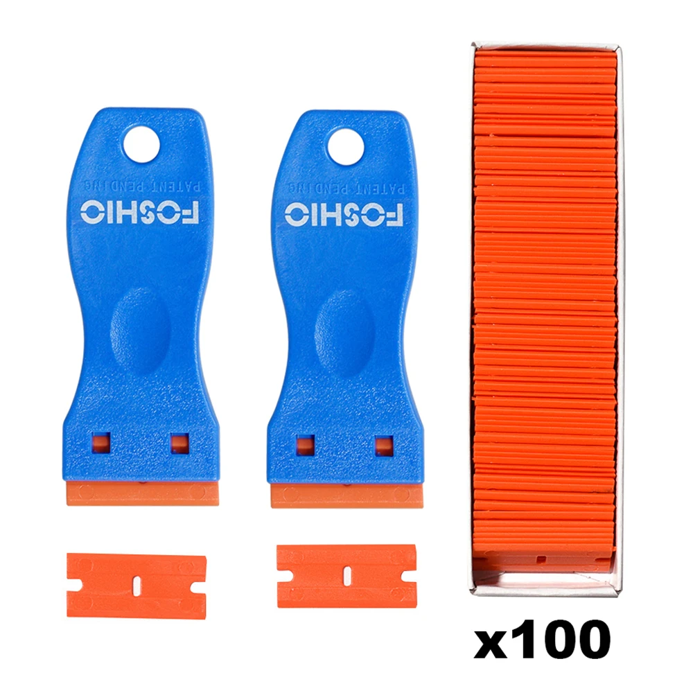 

FOSHIO 2pcs Carbon Fiber Film Clean Razor Scraper+100PCS 1.5" Double Edge Razor Blade Auto Window Tint Car Stickers Glue Remover