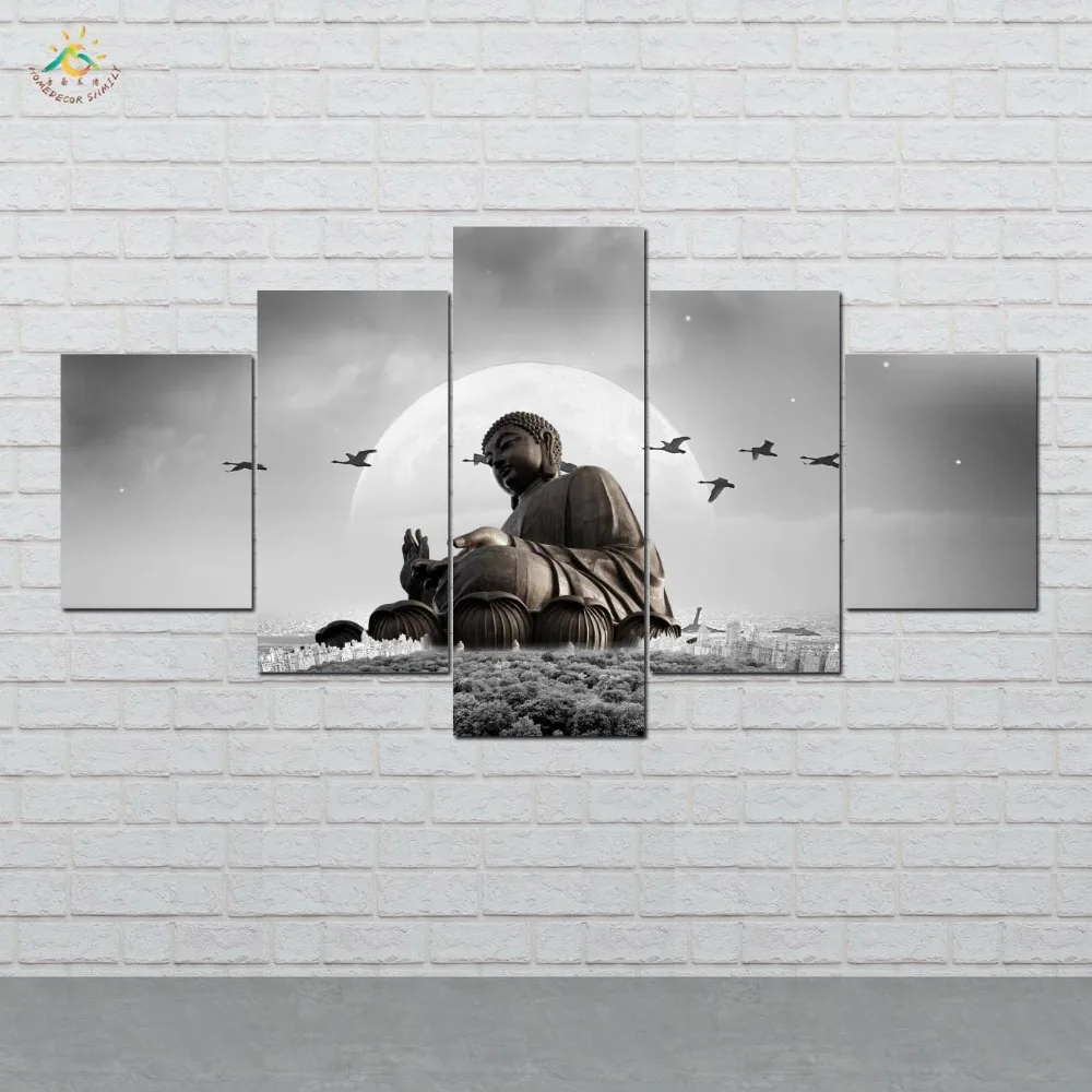 

Buddha Black Status Wall Art Canvas Painting Posters and Prints Decorative Picture Decoration Home For Living Room 5 PIECES