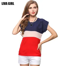 2016 Women Clothing Three Colors Patchwork Women Blouses Short Sleeve Casual Chiffon Blouse Blusas Feminino Tops Shirt Women