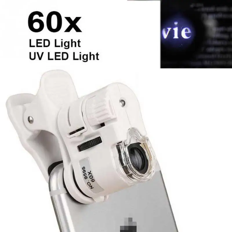 Универсальный 60X светодиодный освещенный Лупа-микроскоп сотовый увеличительное стекло для телефона микро объектив камеры Клип мобильного телефона