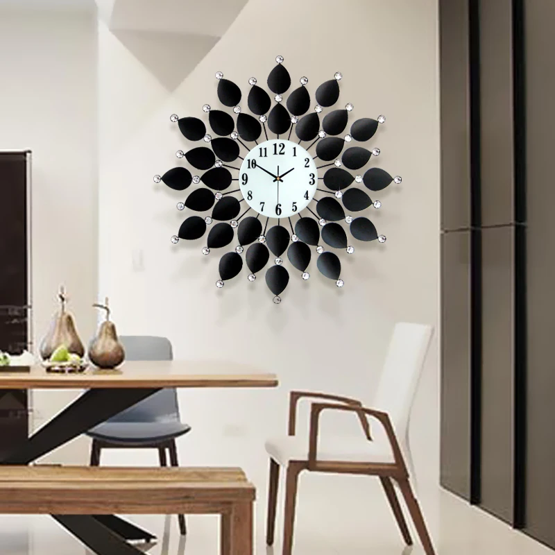 Черные большие настенные часы современный дизайн настенные наклейки для гостиной Модные металлические настенные часы с кристаллами настенные часы для спальни дома