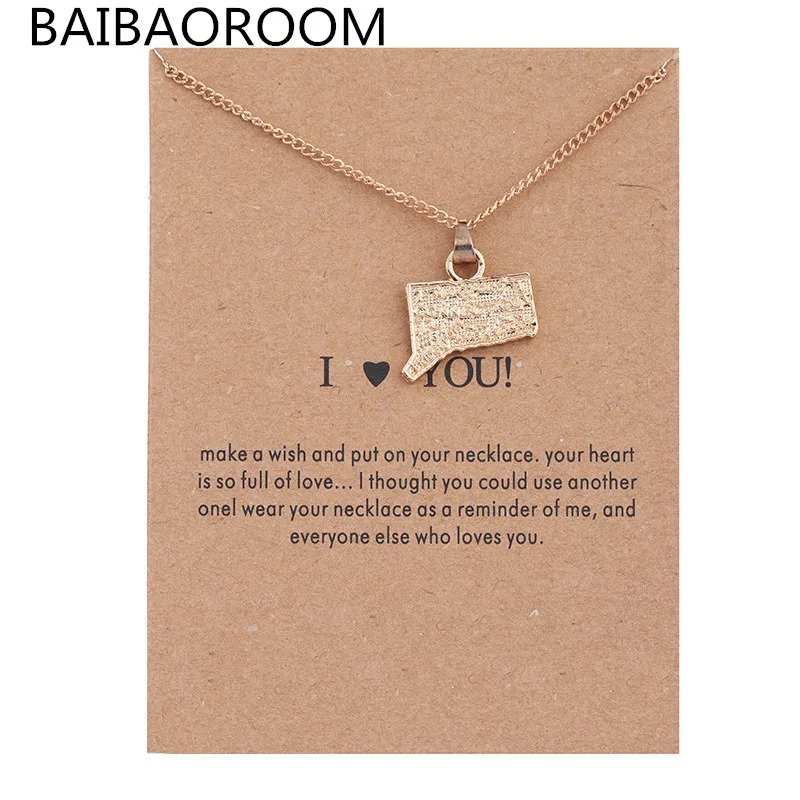 New Gold Plated US Connecticut Map Alloy Clavicular Bones Pendant Short Necklace