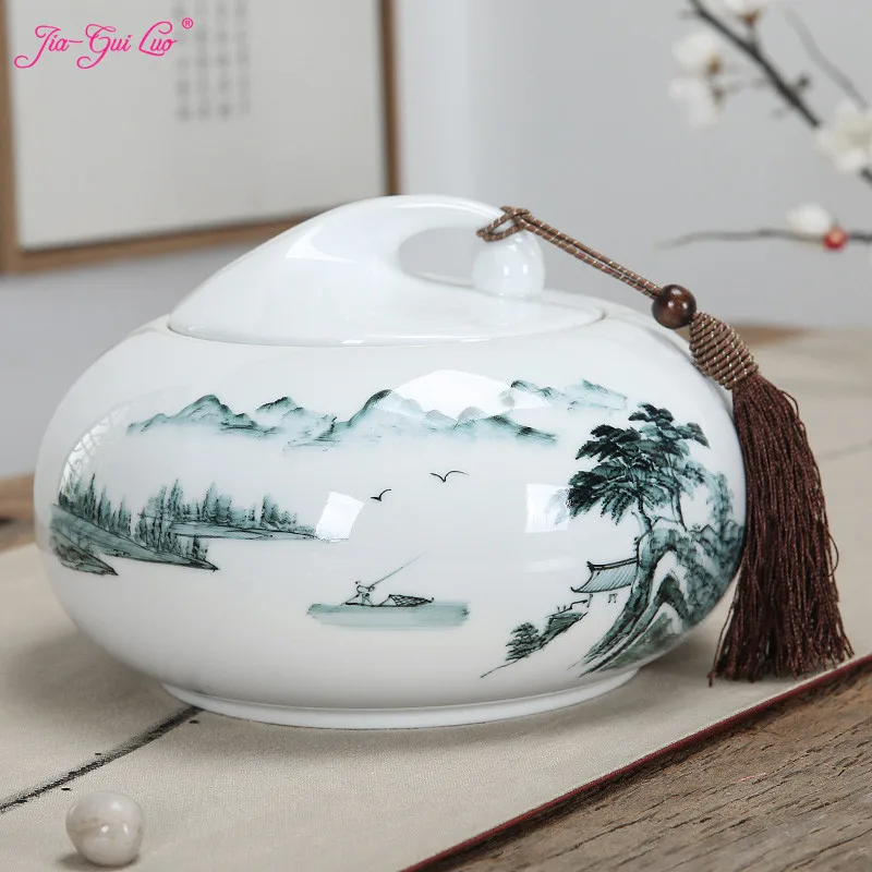 

Chinese ceramic hand-painted landscape painting tea box is a good helper for collecting dried fruit coffee precious herbs