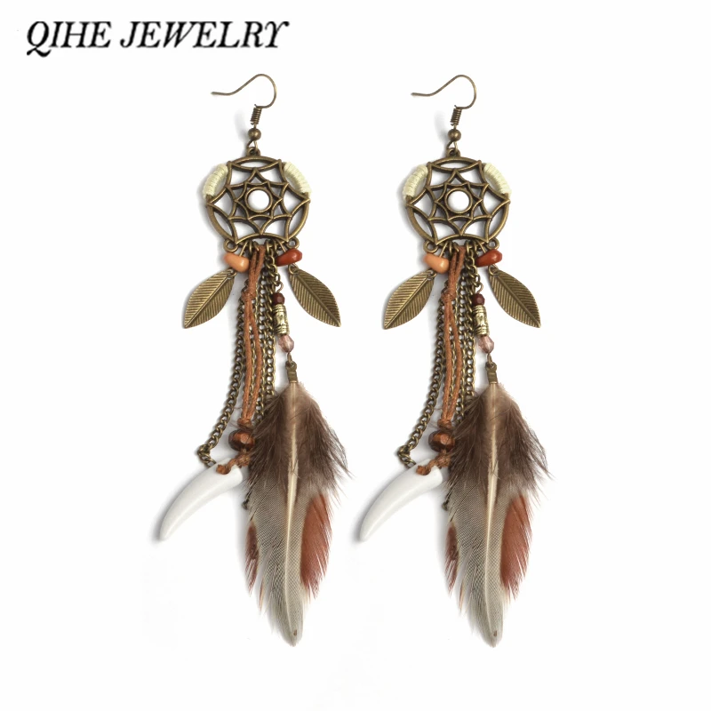 

QIHE JEWELRY Brown Long Feather Dreamcatcher Earring Hippie Feather Mini Dream catcher Jewelry Boho Style