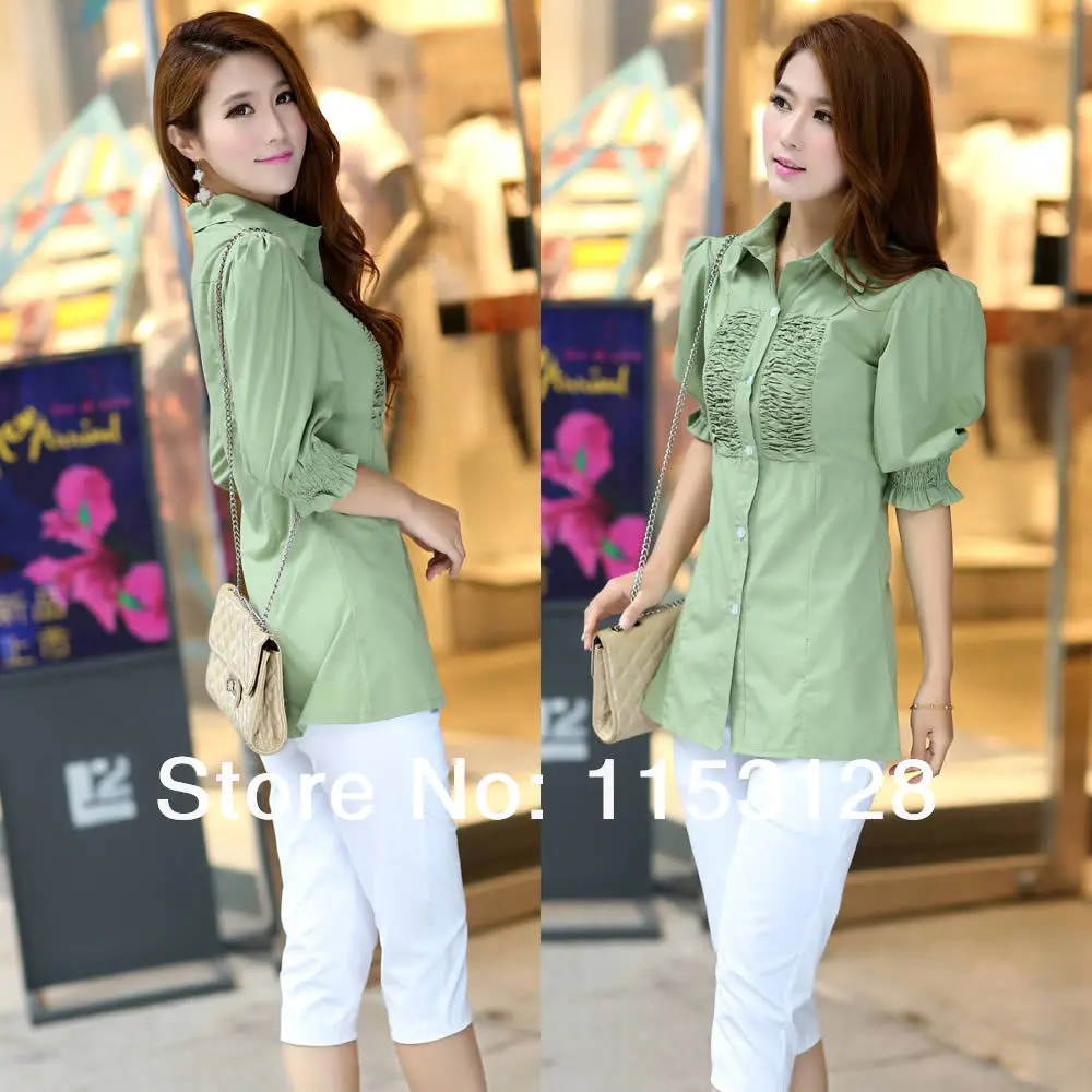 Women's Korean Style Spring Summer Fall Fashion Sweet Slim Shirts / Ladies Simple Casual Pure Cotton Green Cardigan Blouse /A088 |
