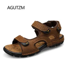 AGUTZM 9926 летний с ремешком на щиколотке из натуральной кожи мужские сандалии обувь сплошной цвет ручной работы Hook& Loop пляжные сандалии