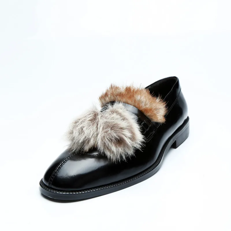 Qianruiti Men's Furry Hair Shoes Raccoon Fur Slip-on Loafers Smoking Shoes EU39-EU46 Customized color Men Casual Shoes