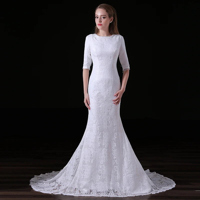 

E JUE SHUNG White Lace Mermaid Wedding Dresses 2018 Half Sleeves Muslim Bridal Dresses Elegant Wedding Gowns robe mariage