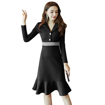 

2019 New Spring Autumn Women Elegant Dress Mid-long Slim Long Sleeve Bodycon Mermaid Dresses Fashion Office Lady Dress Vestidos