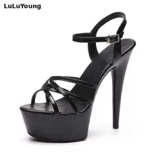 Туфли на высоком каблуке; пикантная модельная обувь 15 см; женские летние черные сандалии
