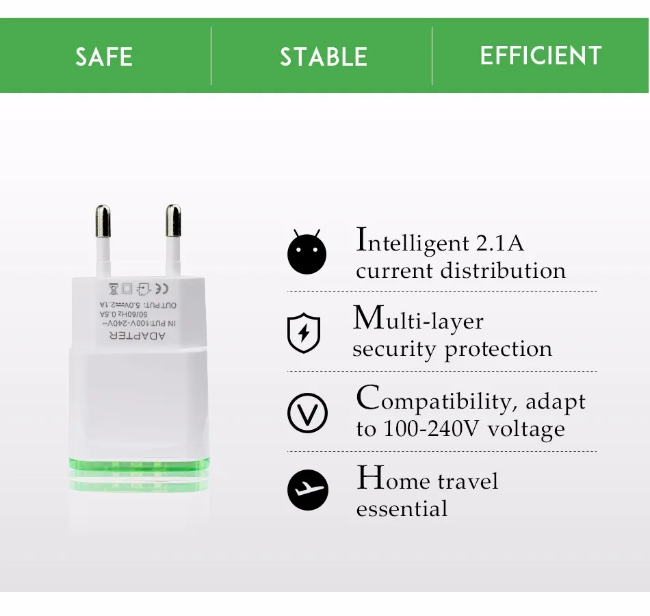 Хорошая штепсельная вилка европейского стандарта, 5 В, 2 А, 2 usb порта, для быстрой зарядки телефона, настенный адаптер питания, светодиодный светильник, кабель зарядного устройства для samsung A20, A30, A50, A70, A80