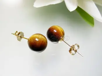 

hot sell new - 10mm Genuine Natural Yellow Tiger Eye Stone 18KGP Stud Earrings
