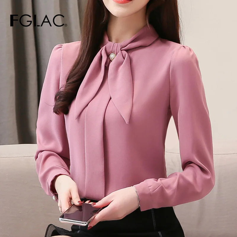 

FGLAC Chiffon blouse Fashion Casual Long sleeve Bow Chiffon shirt Elegant Slim Solid color Office lady shirt women tops blusas