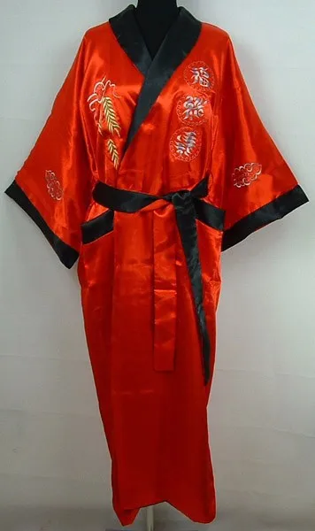 Горячая новинка Бургундский черный китайский мужской шелковый атлас двустороннее платье банный халат с вышивкой двухлицо пижамы Один размер ZR31 - Цвет: red black