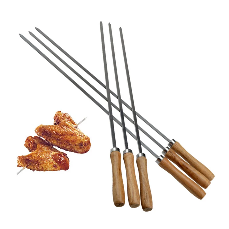 6/10/12pcs Wooden BBQ Shish Kebab Skewers 16.5in 42cm Stainless Steel BBQ Sticks Barbecue Skewer Flat Stick Grill Kabob Needle