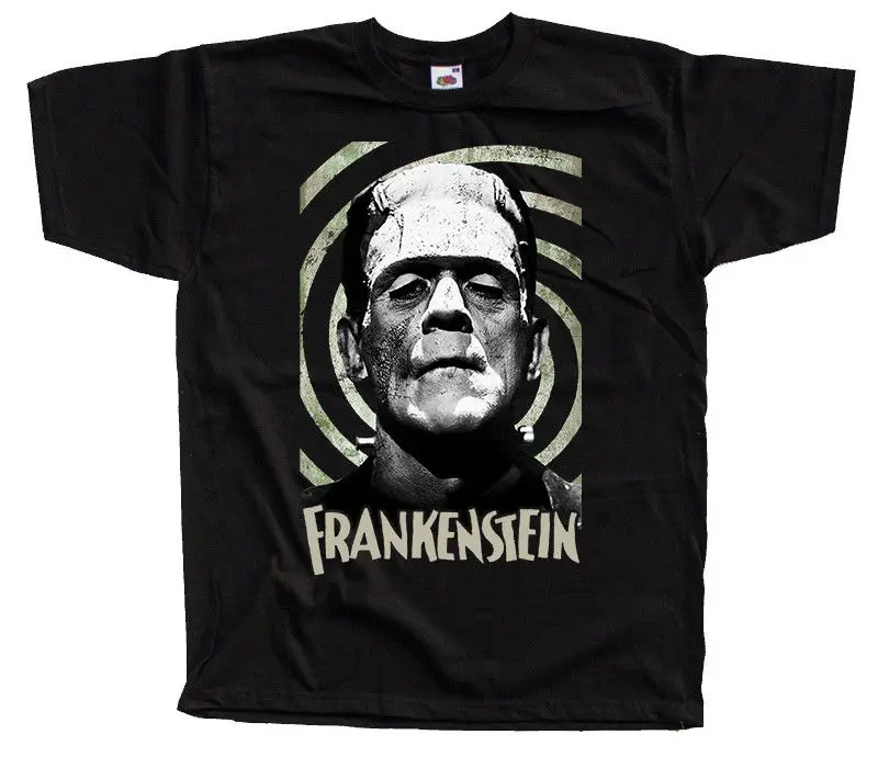 Мужская Уличная футболка Frankenstein черно белая с постером из фильма Humour черная