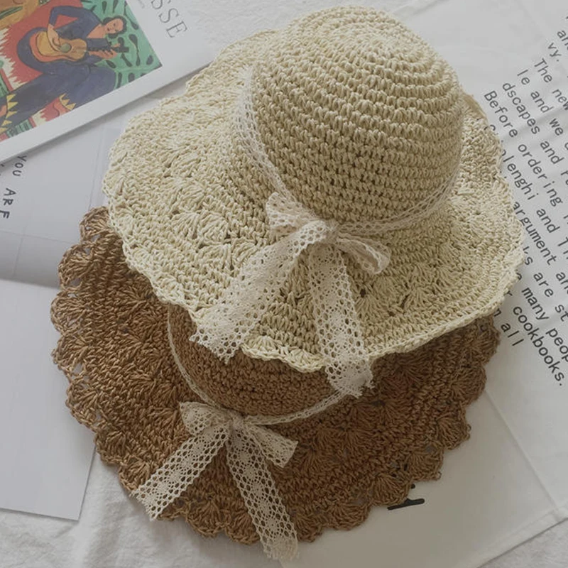 2019 кружева лук лето, защита от солнца соломенная шляпа для женщин пляжная кепка Панама широкие шапки для девочек шапки для отдыха для женщин