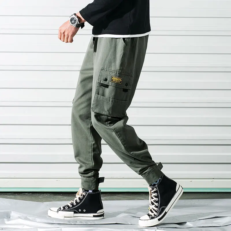 Cotton Linen Men Cargo Jogger Pants In Khaki Olive Trouser Pocket Velcro Hem Design Drawstring Tactical pants for men | Мужская одежда