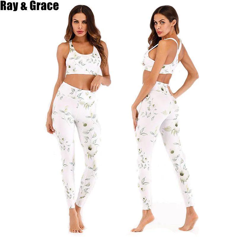 

RAY GRACE Women Yoga Set Printed Tracksuit Running Fitness Jogging T-shirt Leggings Sports Suits Gym Sportswear Workout Clothes