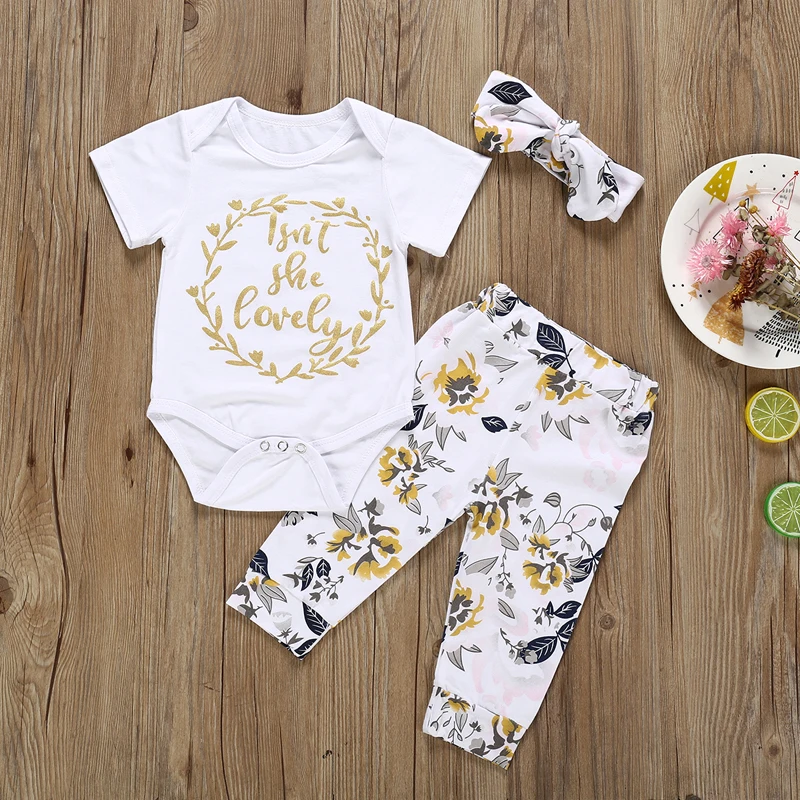 

Isn't She Lovely Baby Girl Clothes Set Summer Fashion Letter Romper+Floral Pants+Headband 3pcs Toddler Infant Costume Outfits