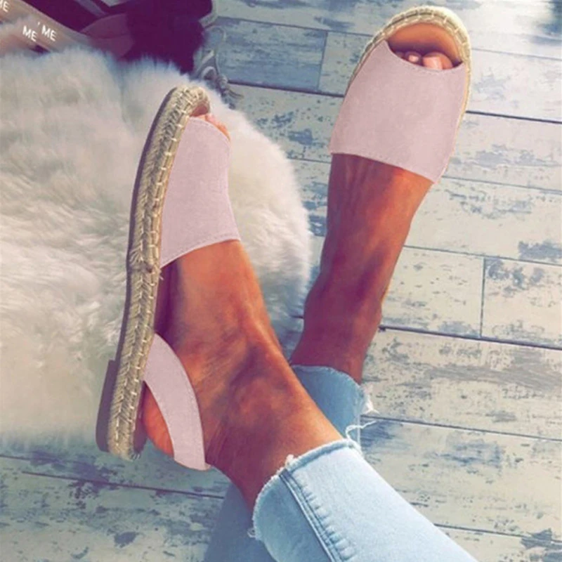 

MoneRffi Summer Sandal Women Plus Size Flats Female Casual Peep Toe Shoes Faux Suede Slip On Elastic Band Leisure Solid Footwear