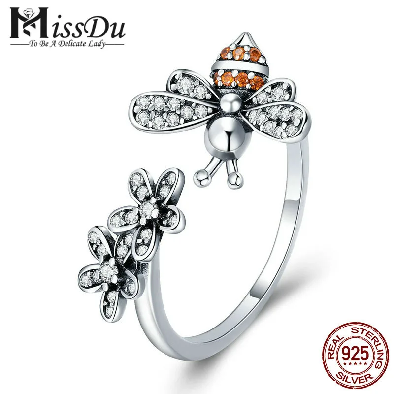

100% 925 Sterling Silver Trendy Bee & Daisy Flower Finger Rings for Women Adjustable Size Valentine Gift Jewelry SCR422