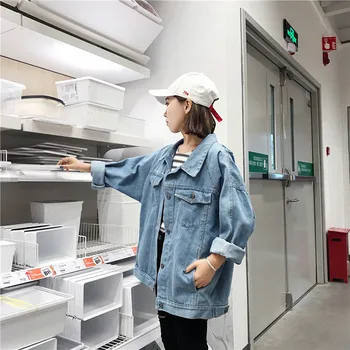 

2019 New Women's Denim Jacket Spring Autumn Loose Fashion bf Harajuku Style Wild Shirt Wild Coat Denim Clothing POLO Collar B23