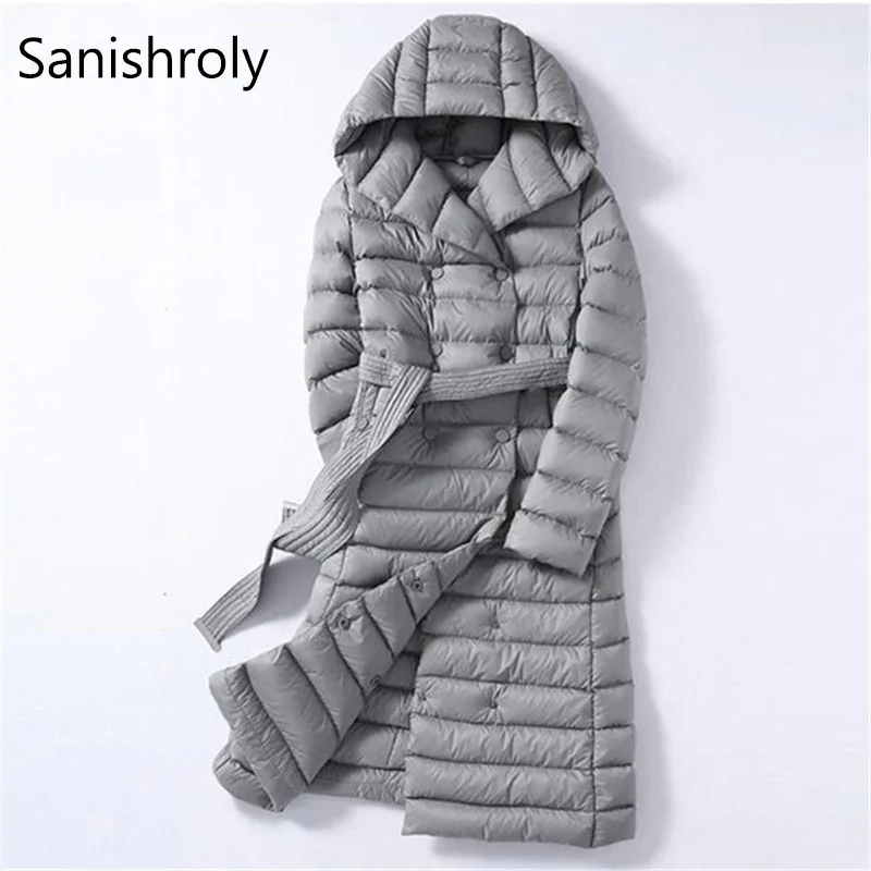 

Sanishroly 2018 White Duck Down Jacket Tops Women Sashes Long Ultra Light Down Coat Parka Female Hooded Outerwear Plus Size 288