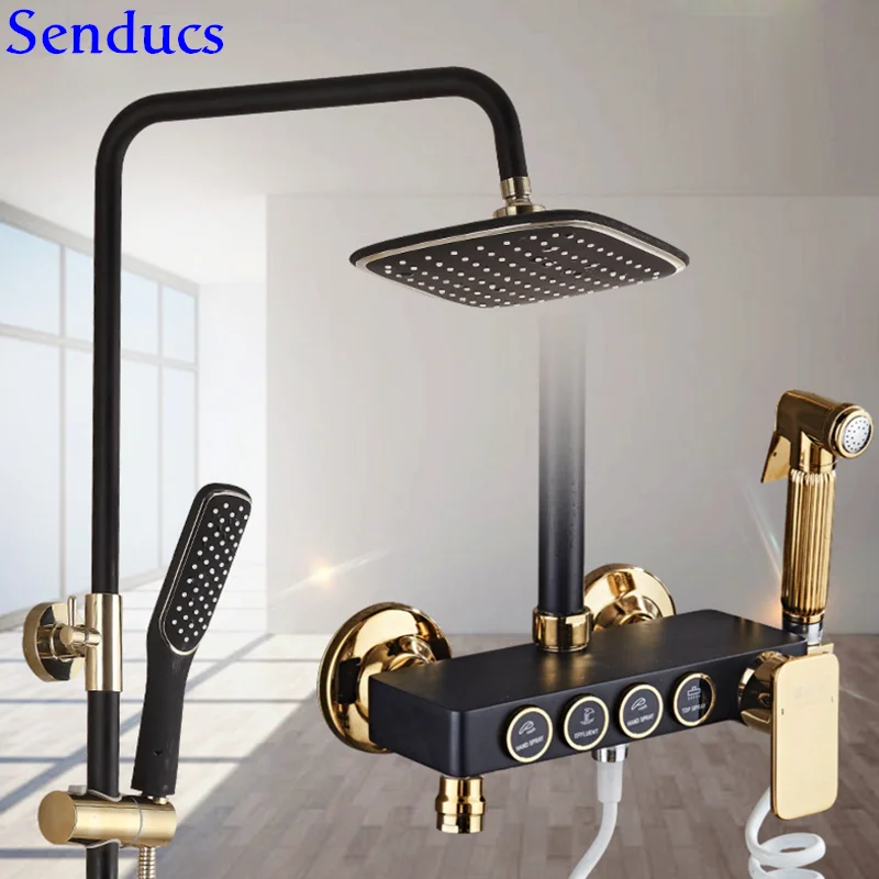 Senducs Bathroom Shower Set Quality Black Gold Shower System Themostatic Bath Shower Set White