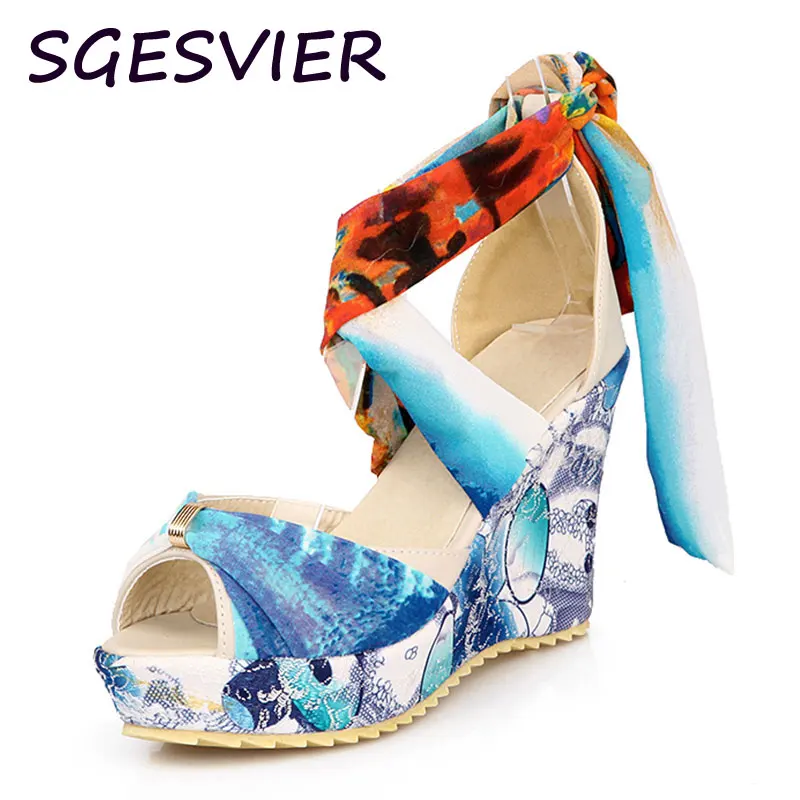 

SGESVIER Ethnic cross-tied Ribbon vamp woman colorful 9cm high wedges sandals sole Bohemia metal decorated shoes for sale VV443