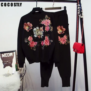 

Women Tracksuit 2 two Pieces Set Embroidery Beading Knitted Pullover Sweaters O-neck Long Sleeve Sweatshirt + Pants Women's Sets