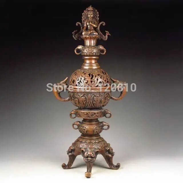 

Chinese Bronze Incense Burner w Buddha & XuanDe Mark statue