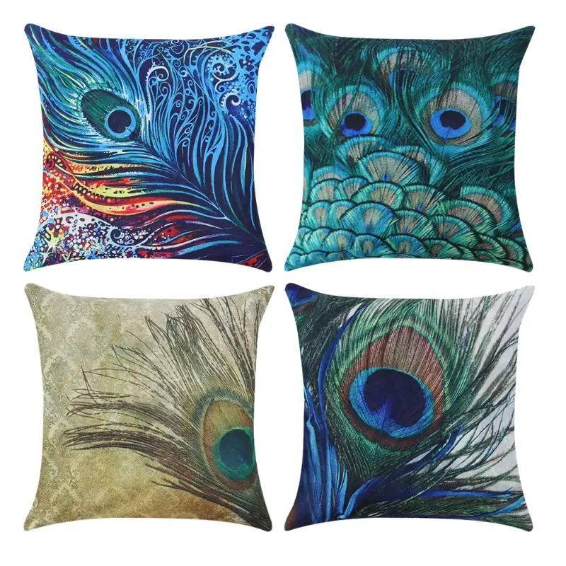 Buy 4Types Peacock Feather Linen Cushion Cover 45x45cm