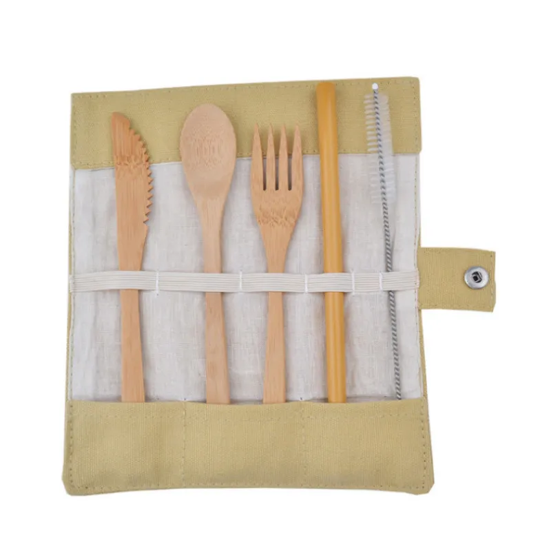 

6-Piece Portable Japanese Wooden Dinnerware Cutlery Set Bamboo Straw Fork Knife With Cloth Bag Useful Travel Picnic Outdoor
