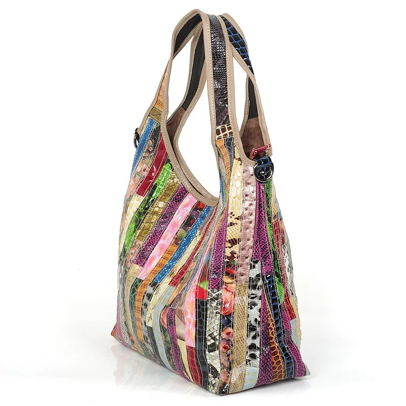

INONE Genuine Cow Leather Snake Pattern Patchwork Stripes Shoulder Bags for Women 2018 2019 Female Ladies Hobo Purse Handbag