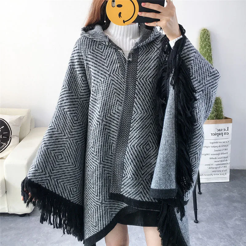 

Women Winter Knitted Cashmere Thick Sweater Poncho Feminino Inverno Warm Tassel Cape Shawl Oversized Cardigan Coat Scarf Shawl