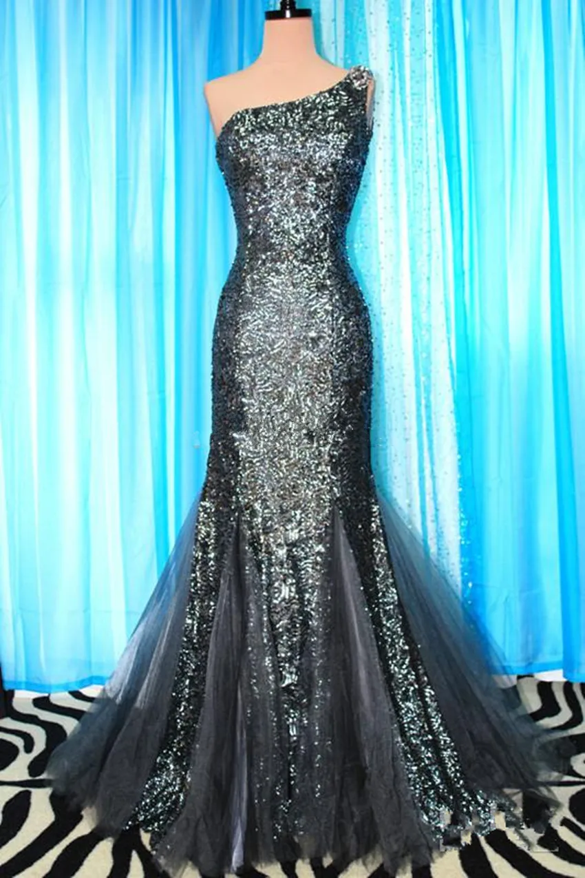 2015 Popular One Shoulder Sequins Tulle Mermaid Evening Dresses Formal