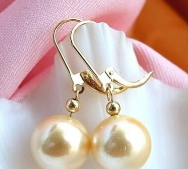 

free shipping 13378 12MM GOLD ROUND SOUTH SEA SHELL PEARL DANGLE EARRING
